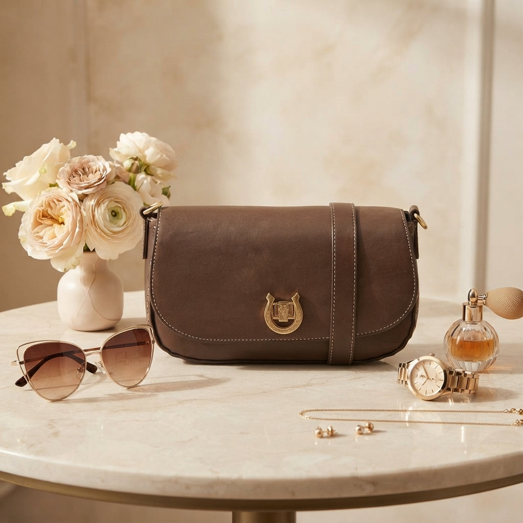 US Polo Assn Brown Crossbody Bag, Horseshoe Clasp, Preppy Equestrian Handbag