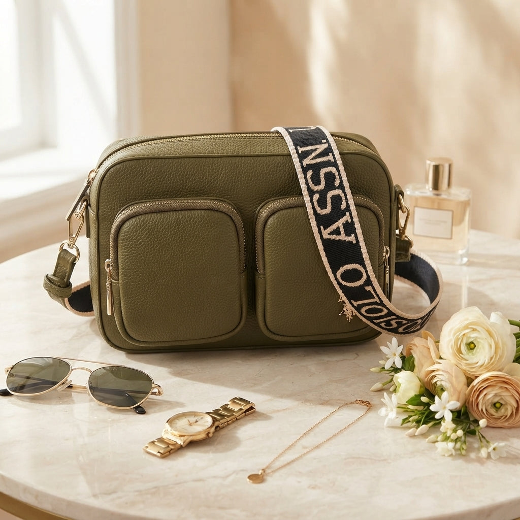 US Polo Assn Olive Crossbody Bag, Pebbled Leather Look, Webbing Strap
