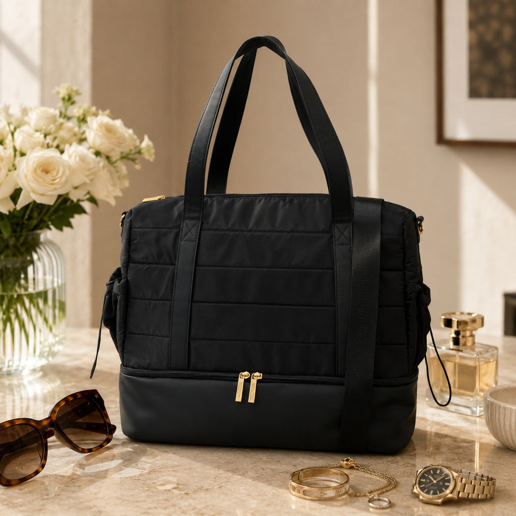 French Connection Black Weekender Bag, Quilted Padded Tote, Gym Travel Luggage