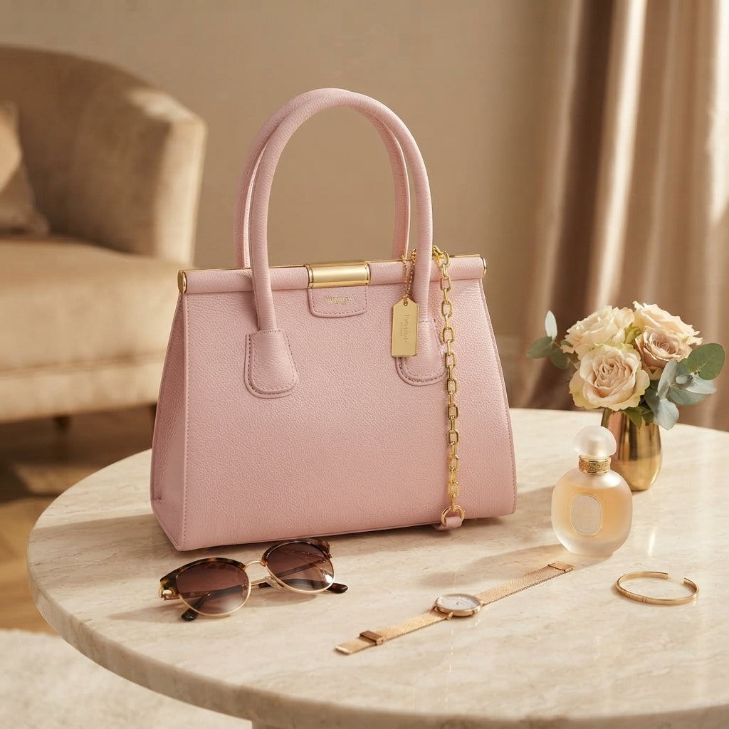 Moncrief Pink Structured Tote Bag, Pastel Aesthetic, Gold Hardware, Gift For Her