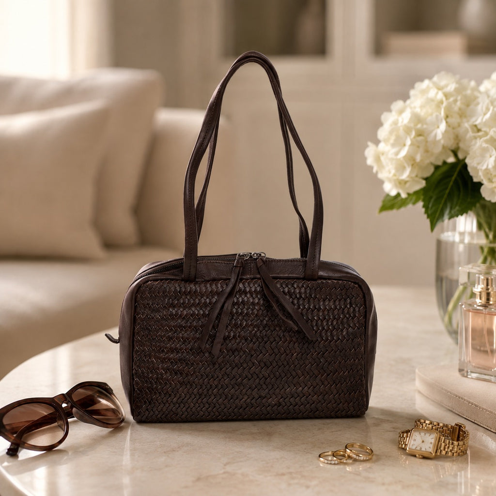 Rehard Dark Brown Woven Leather Bowling Bag, Top Zip Shoulder Handbag Gift