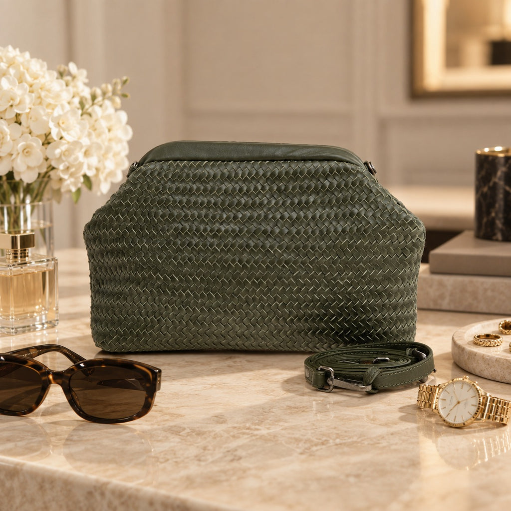 Rehard Dark Olive Green Woven Leather Bucket Bag, Crossbody, Everyday
