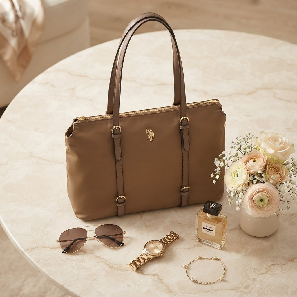 US Polo Assn Brown Tote Bag, Shoulder Bag, Work Bag, Everyday Handbag Gift