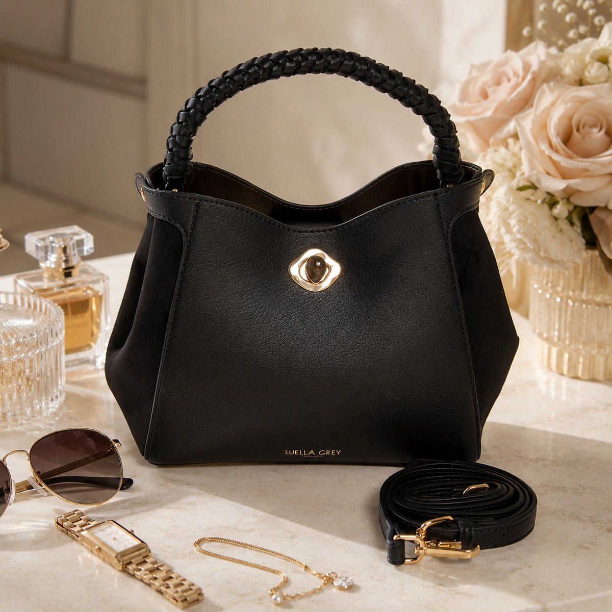 Luella Grey Black Bucket Bag, Gold Hardware, Everyday Work Handbag, Chic Gift
