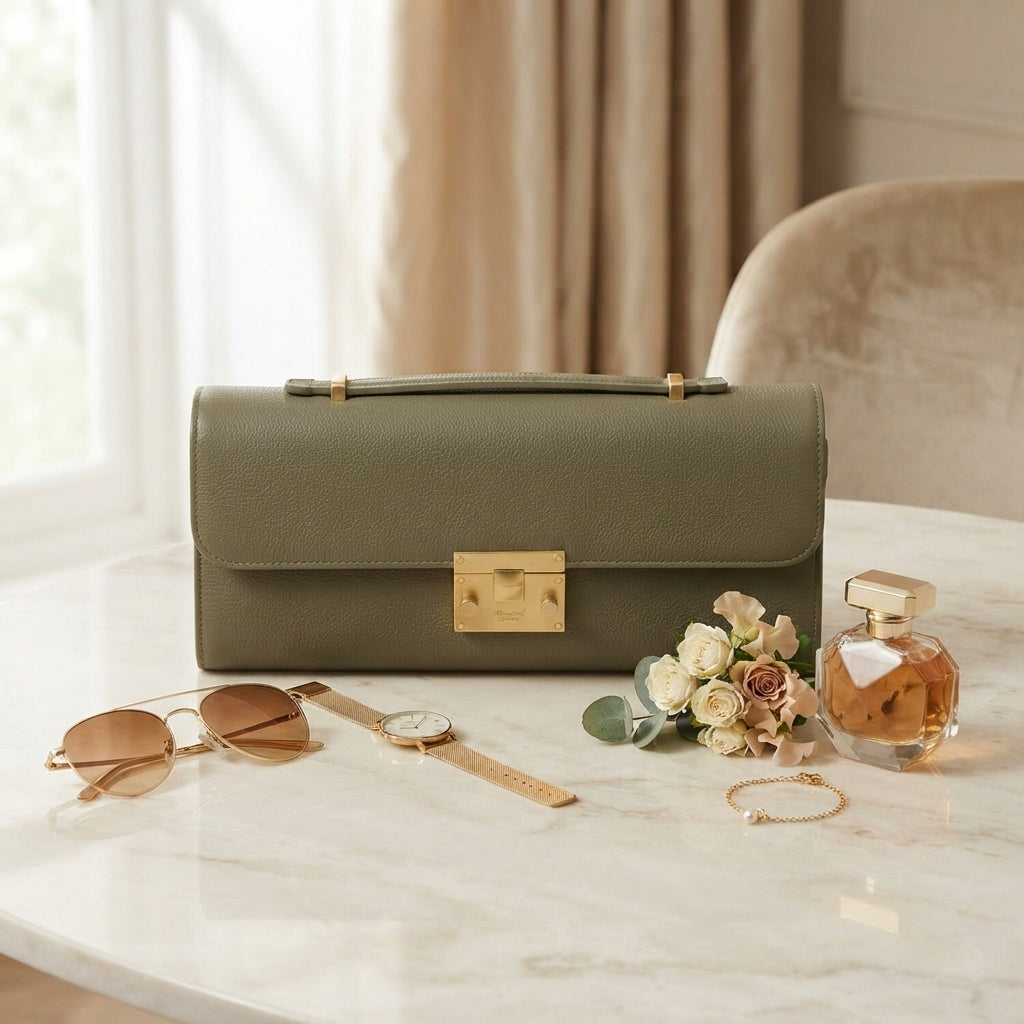 Moncrief Green Daisy Clutch Bag, Leather Top Handle Evening Purse, Gift for Her