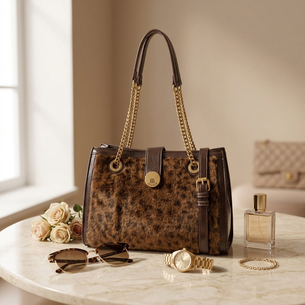 Bessie London Brown Leopard Tote Bag, Faux Fur Animal Print, Gold Hardware