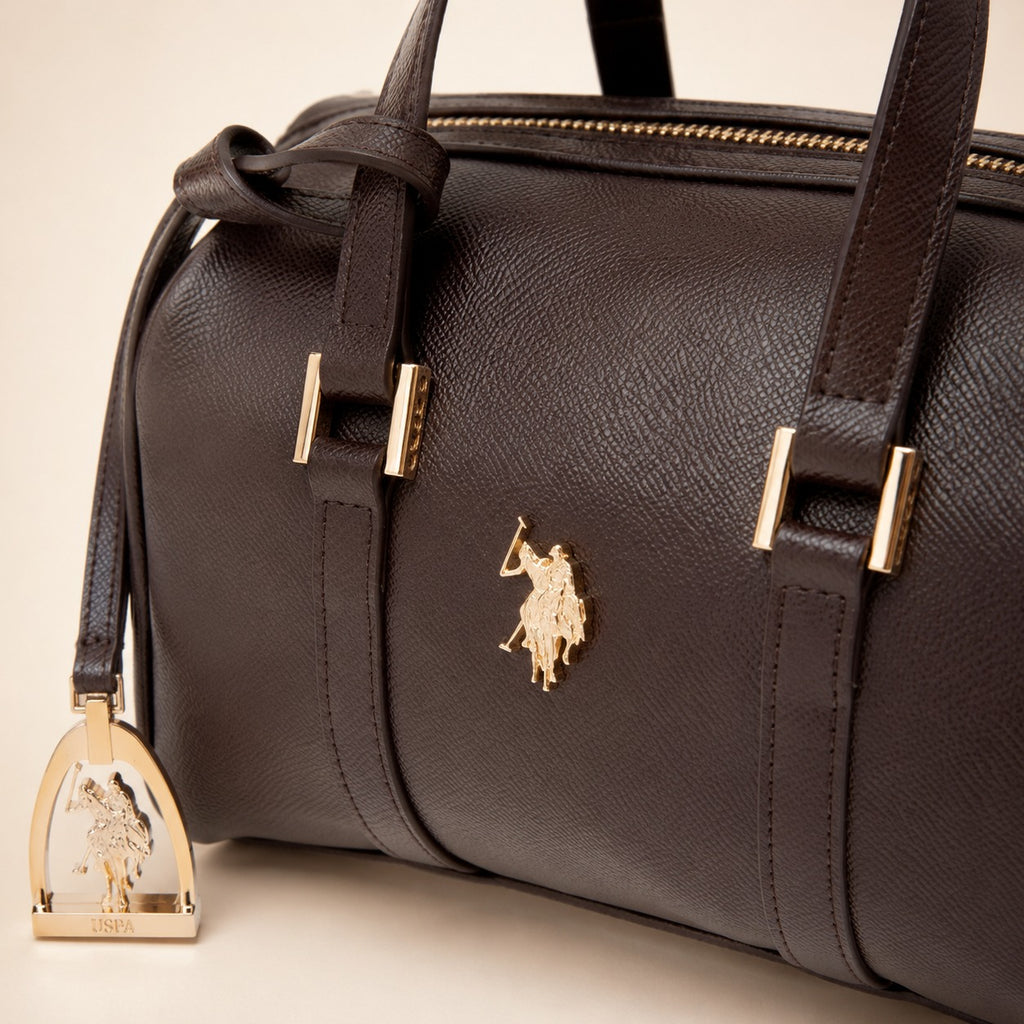 US Polo Assn Brown Jones Bowling Bag, Dark Equestrian Handbag, Gold Hardware