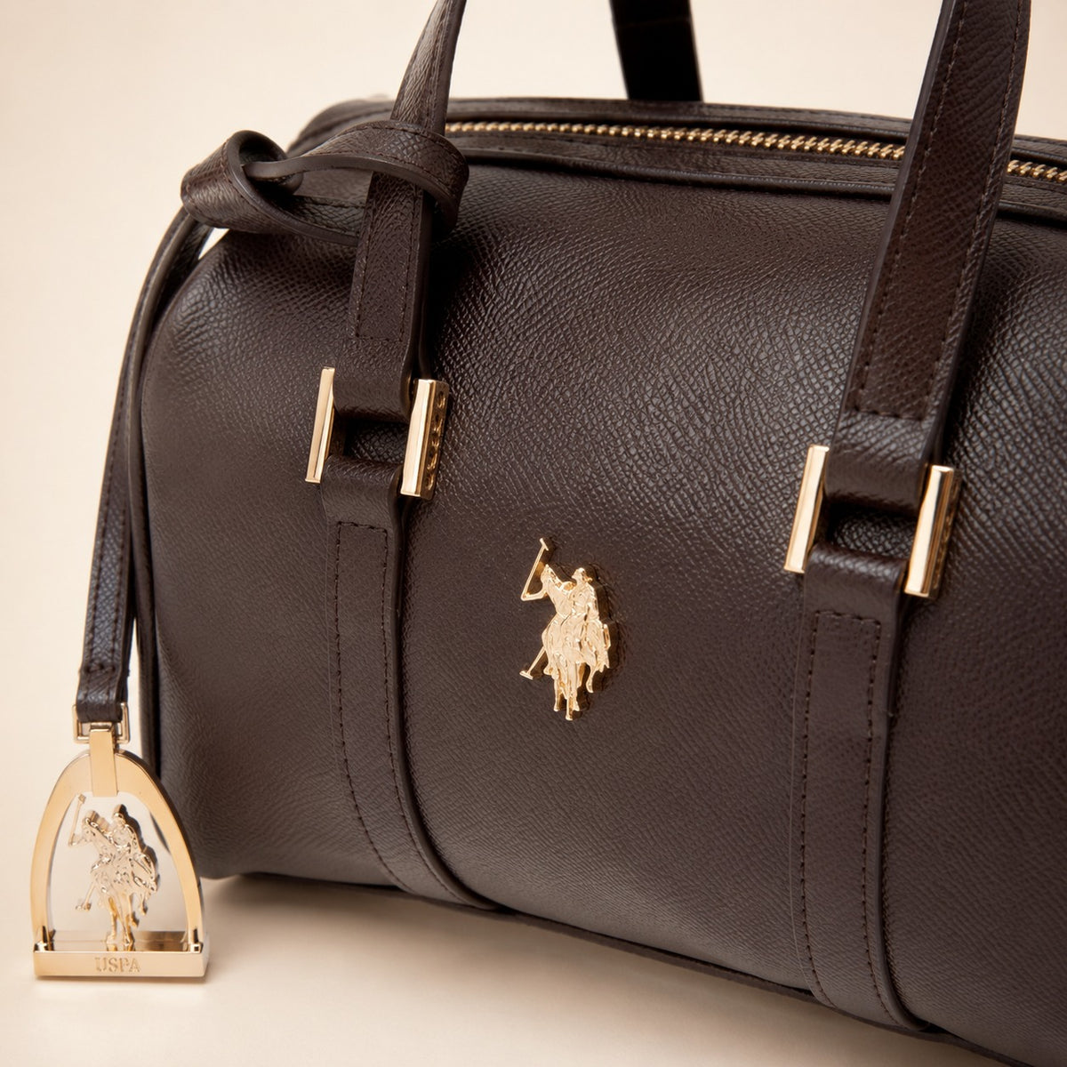 US Polo Assn Brown Jones Bowling Bag, Dark Equestrian Handbag, Gold Hardware