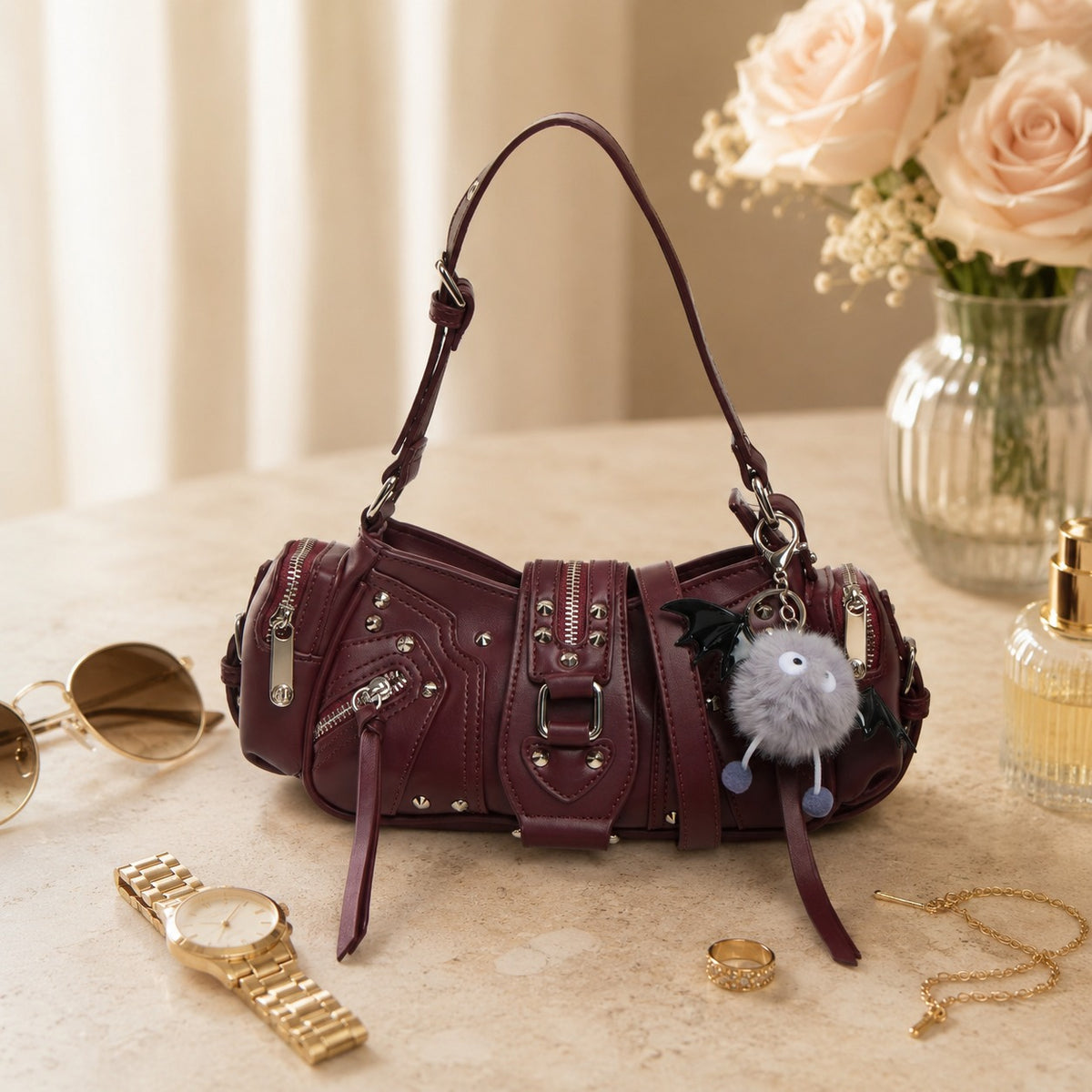 Bessie London Burgundy Shoulder Bag, Gothic Grunge, Bat Charm, Gift For Her