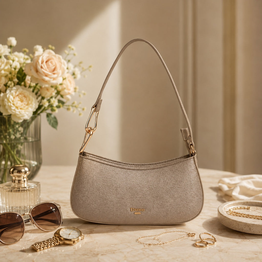 Dune London Beige Glitter Shoulder Bag, Metallic Crescent Hobo, Party Evening Bag