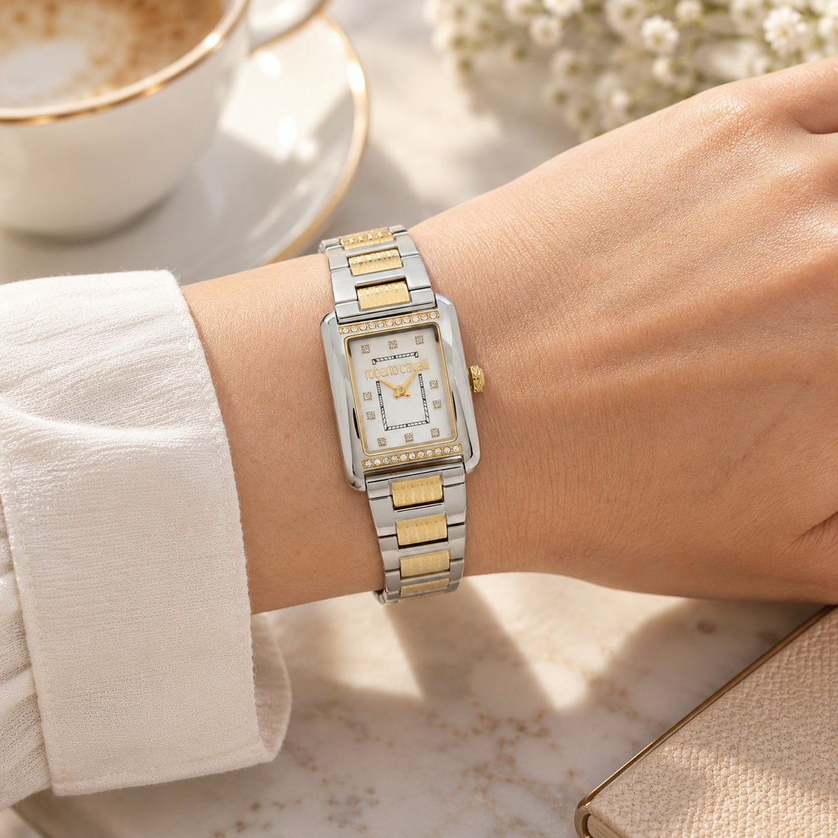 Roberto Cavalli Silver & Gold Watch, Two Tone Rectangular Crystal Gift for Her