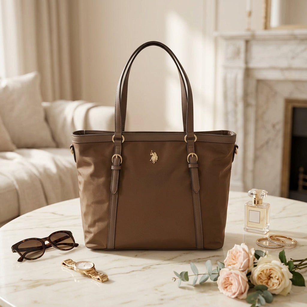 US Polo Assn Brown Tote Bag, Houston Shopping Handbag, Gold Hardware