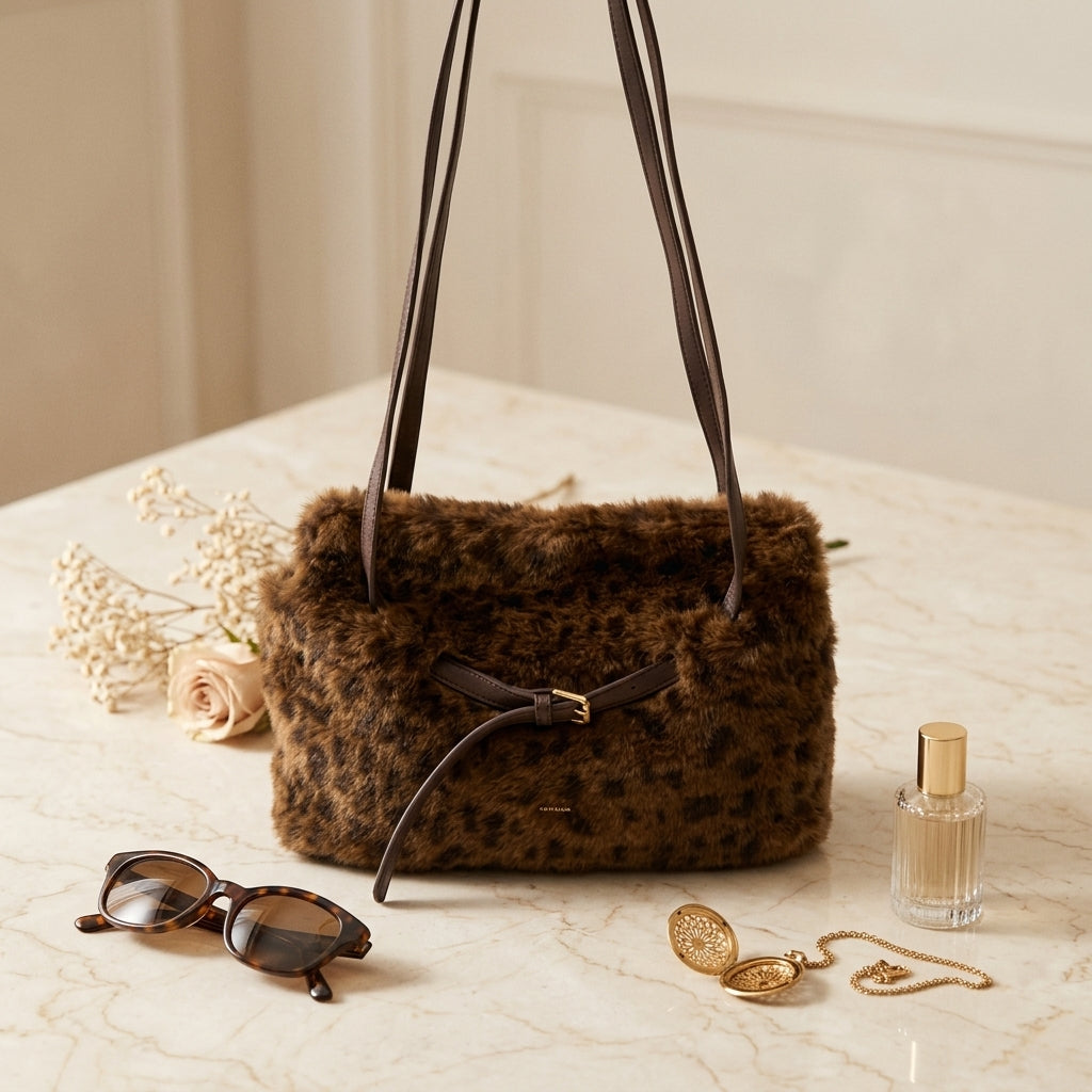 Bessie London Brown Faux Fur Shoulder Bag, Animal Print, Leopard, Everyday Bag