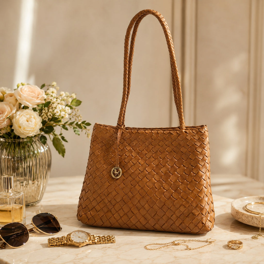 Silviano Brown Woven Shoulder Bag, Leather Intrecciato Tote, Everyday Handbag