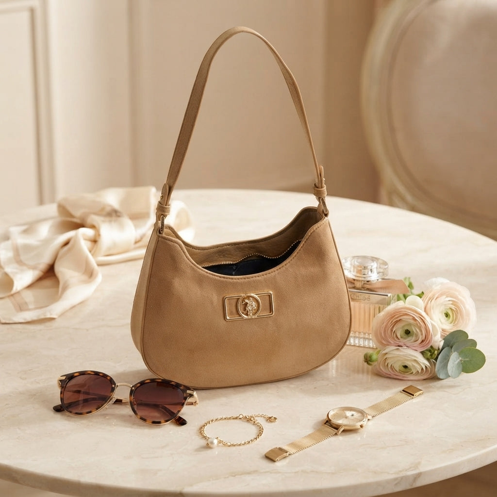 US Polo Assn Tan Brown Shoulder Bag, Faux Suede Hobo, Gold Hardware