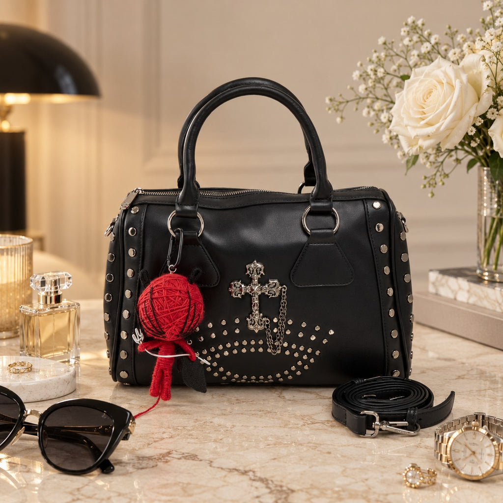 Bessie London Black Bowler Bag, Studded Satchel, Crossbody, Goth Aesthetic