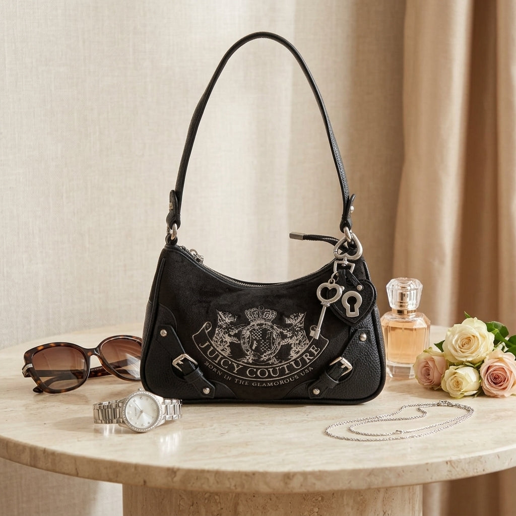 Juicy Couture Black Hobo Bag, Velour Crest Logo, Shoulder Bag, Y2K Aesthetic