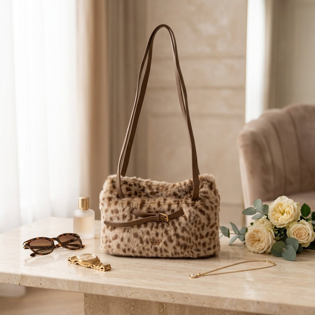 Bessie London Faux Fur Animal Print Shoulder Bag, Brown Leopard Aesthetic