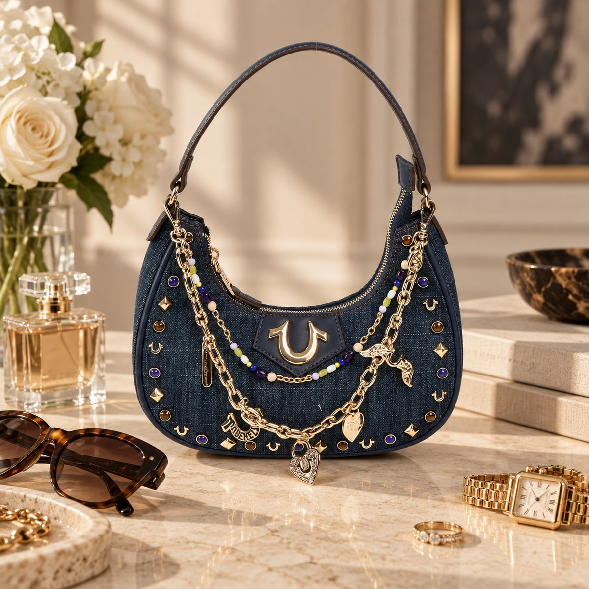 True Religion Blue Denim Shoulder Bag, Studded Hobo Purse, Gold Logo Aesthetic
