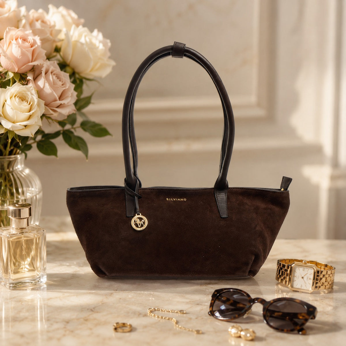 Silviano Brown Suede Shoulder Bag, Dark Brown Handbag, Everyday Tote