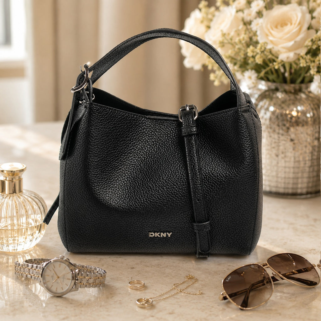 DKNY Black Crossbody Bag, Pebbled Faux Leather Hobo, Minimalist Everyday Purse