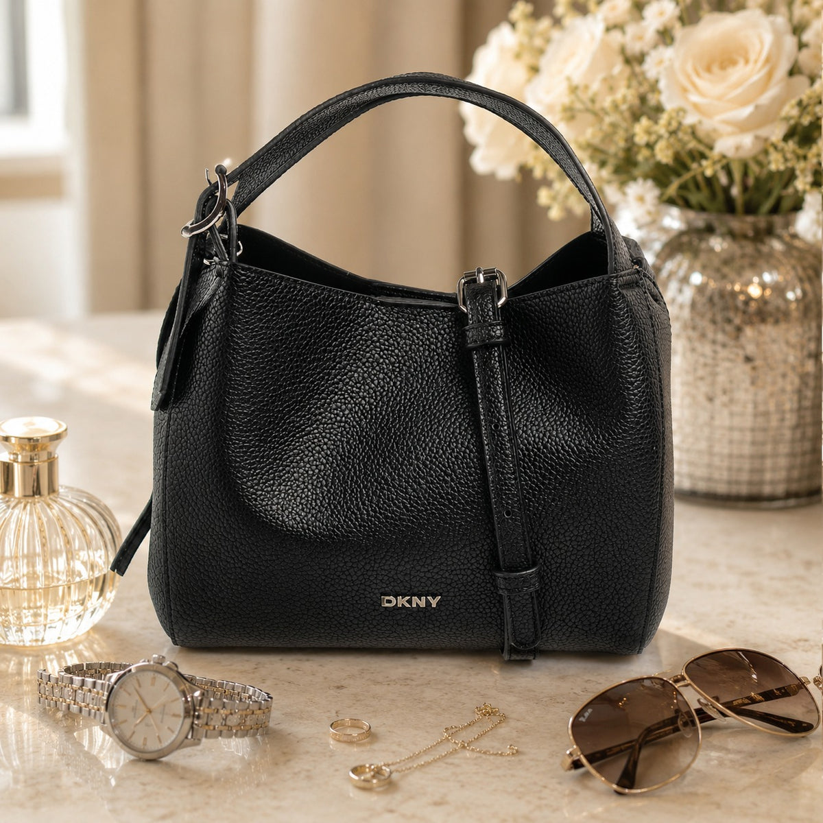 DKNY Black Crossbody Bag, Pebbled Faux Leather Hobo, Minimalist Everyday Purse