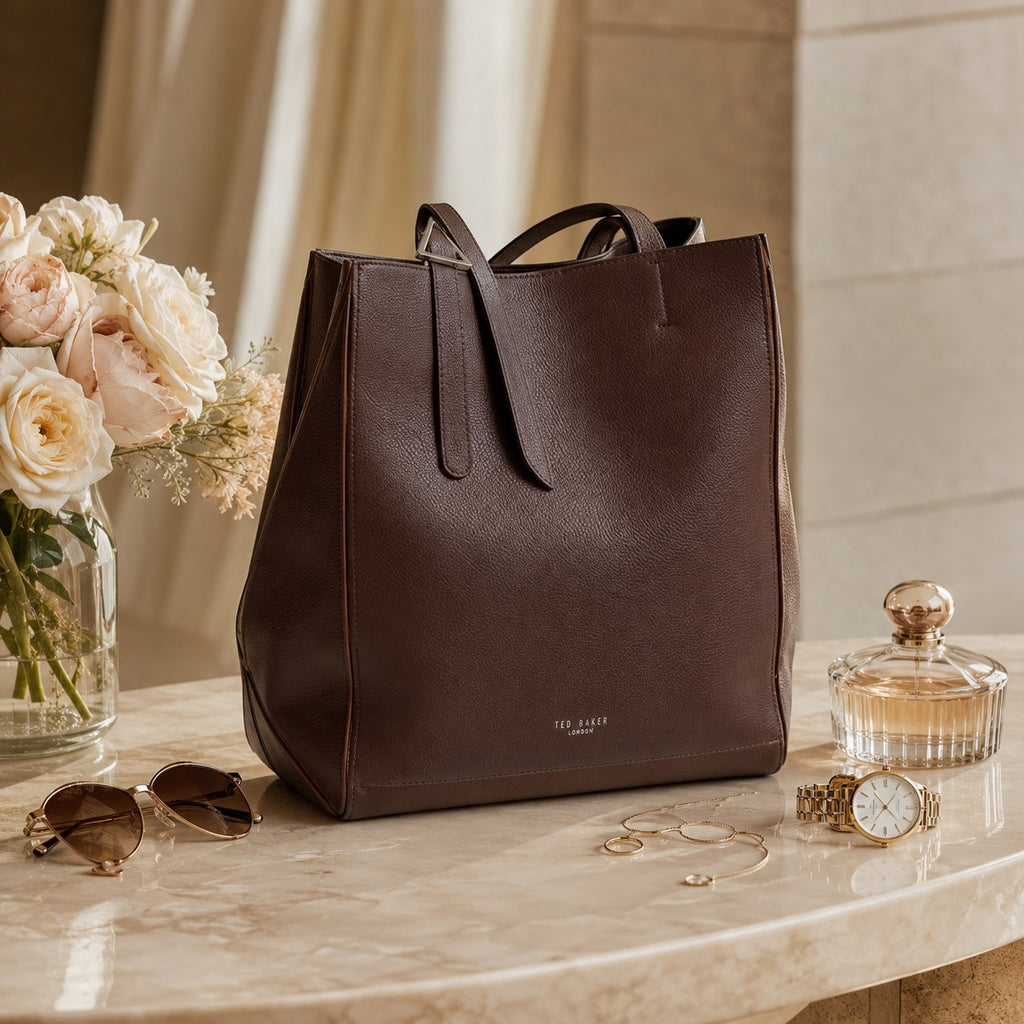 Ted Baker Brown Olivia Tote Bag, Pebbled Leather Shoulder Bag, Everyday Work Bag