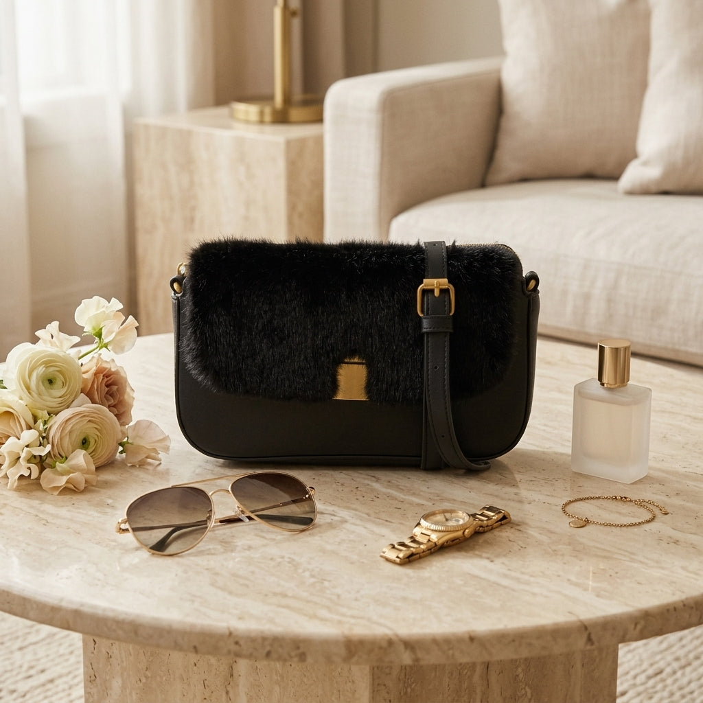 Bessie London Black Faux Fur Crossbody Bag, Flap Bag, Gold Hardware, Chic
