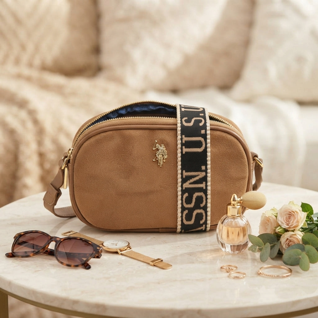 US Polo Assn Tan Suede Crossbody Bag, Brown Shoulder Bag, Everyday Handbag