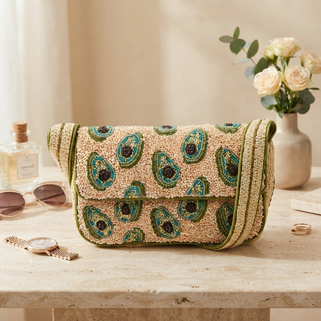 Mirasol Beaded Avocado Grab Bag, Multicoloured Food Novelty Handbag, Quirky Gift