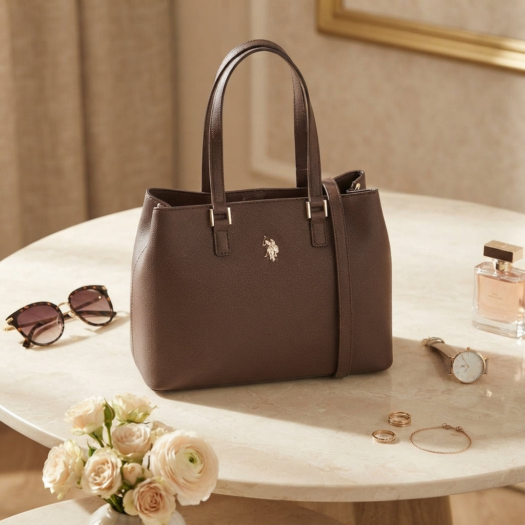 US Polo Assn Dark Brown Jones Tote Bag, Structured Everyday Work Handbag