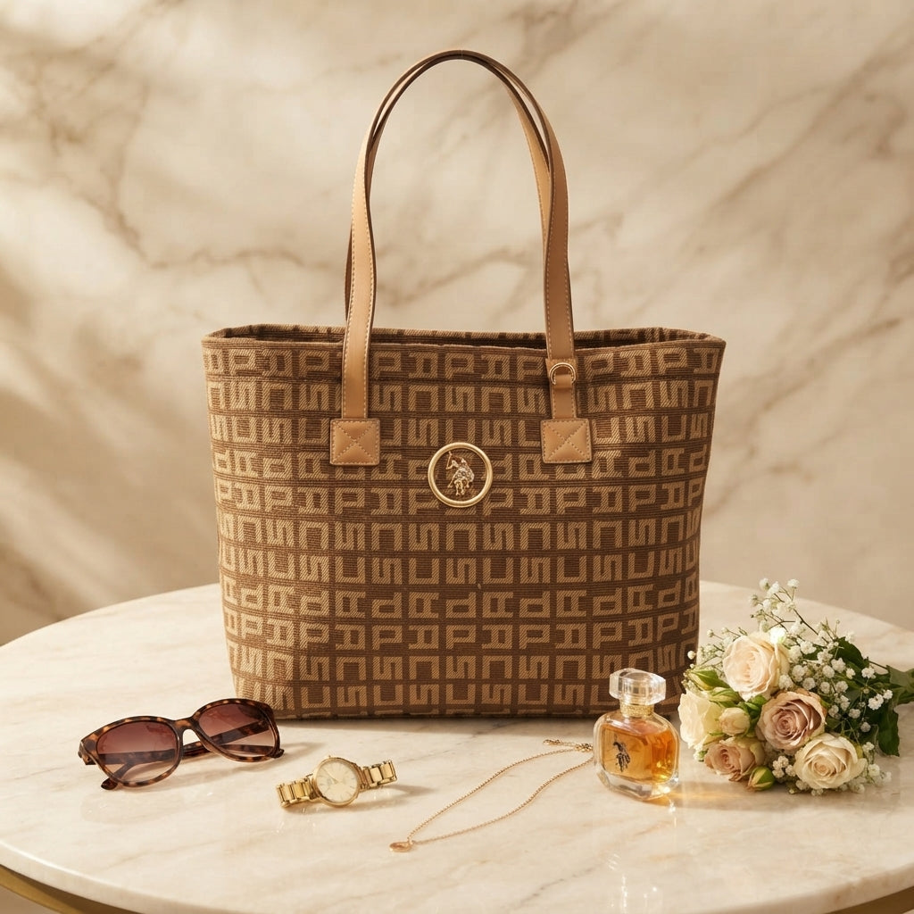 US Polo Assn Brown Jacquard Shopping Bag, Geometric Monogram Tote
