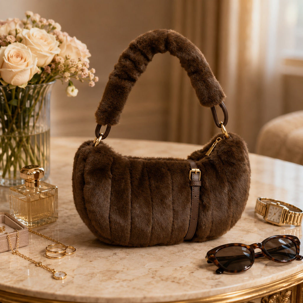 Bessie London Brown Faux Fur Shoulder Bag, Plush Winter Handbag, Soft Gift For Her