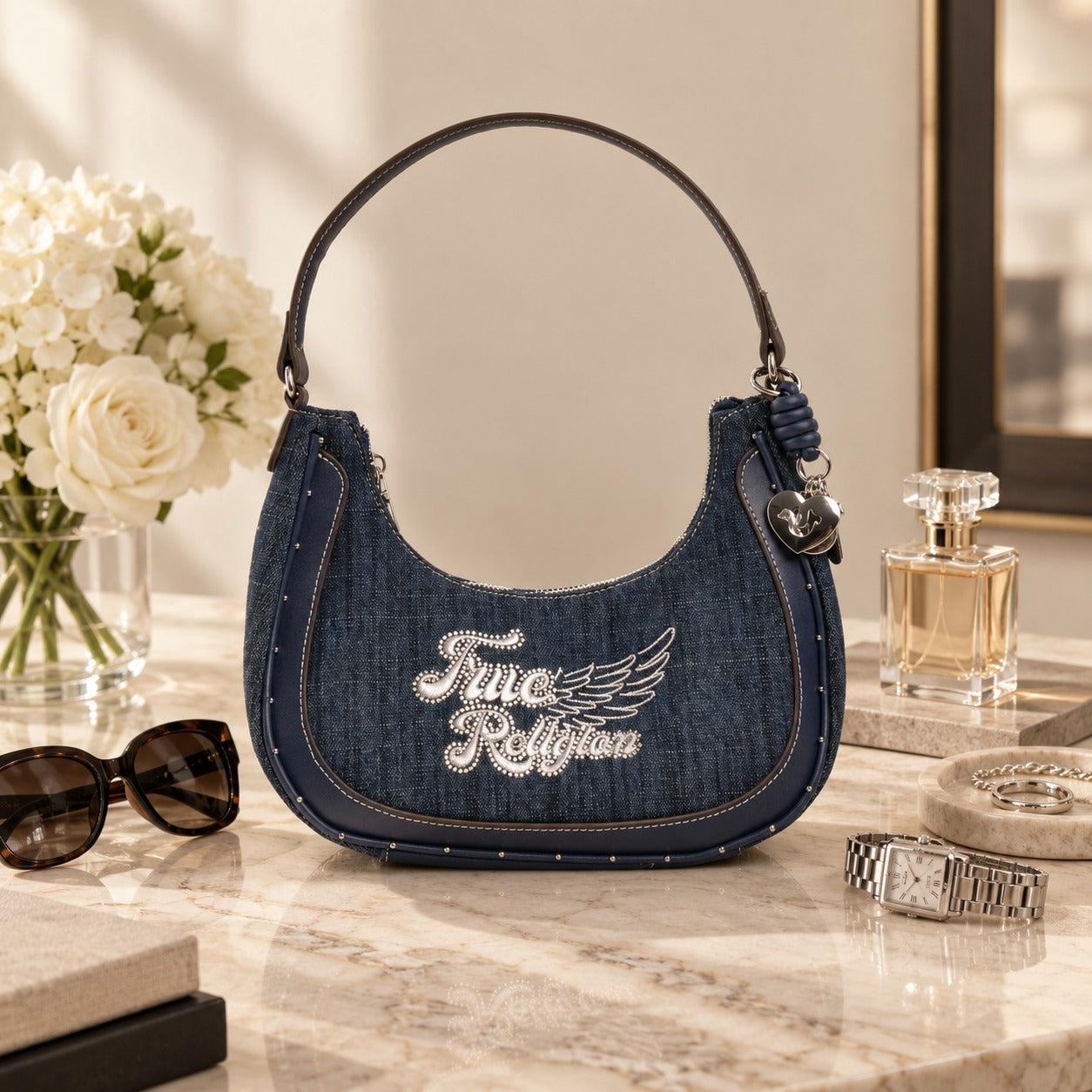 True Religion Blue Denim Shoulder Bag, Embroidered Logo, Chic Everyday Purse