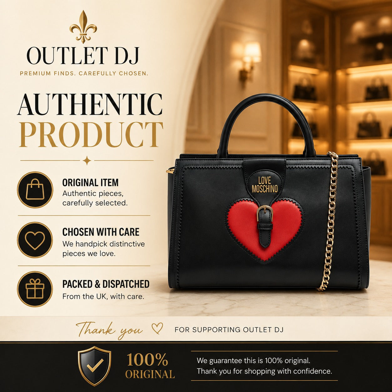 Love Moschino Black Satchel Bag, Red Heart Applique, Gold Hardware, Gift For Her
