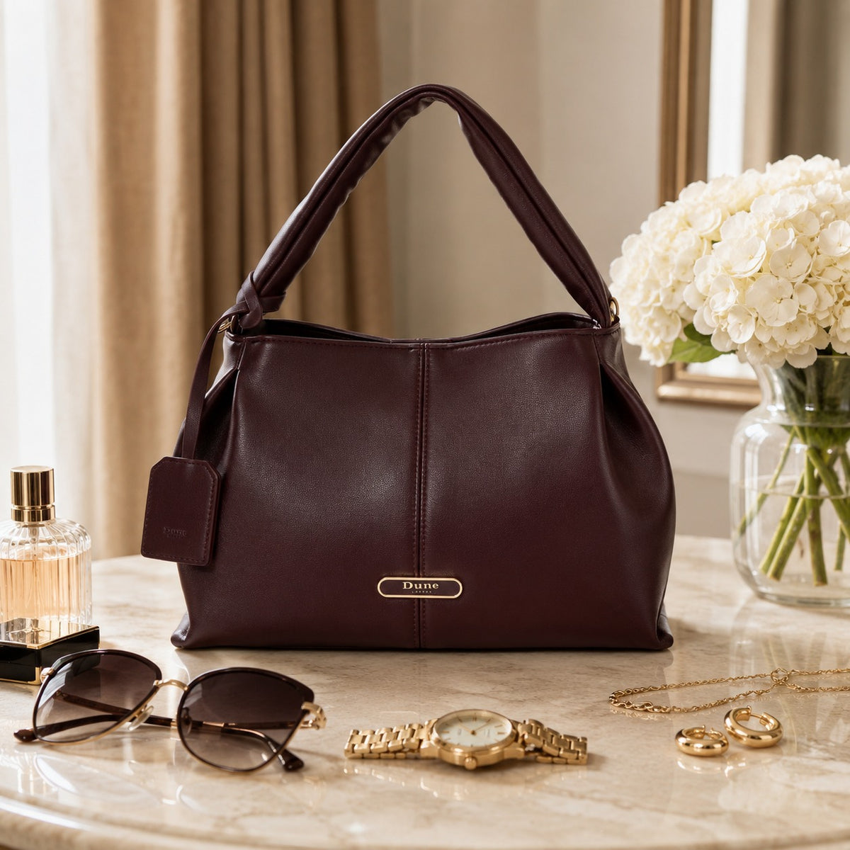Dune London Burgundy Shoulder Bag, Dawes Style, Gold Hardware, Everyday Gift