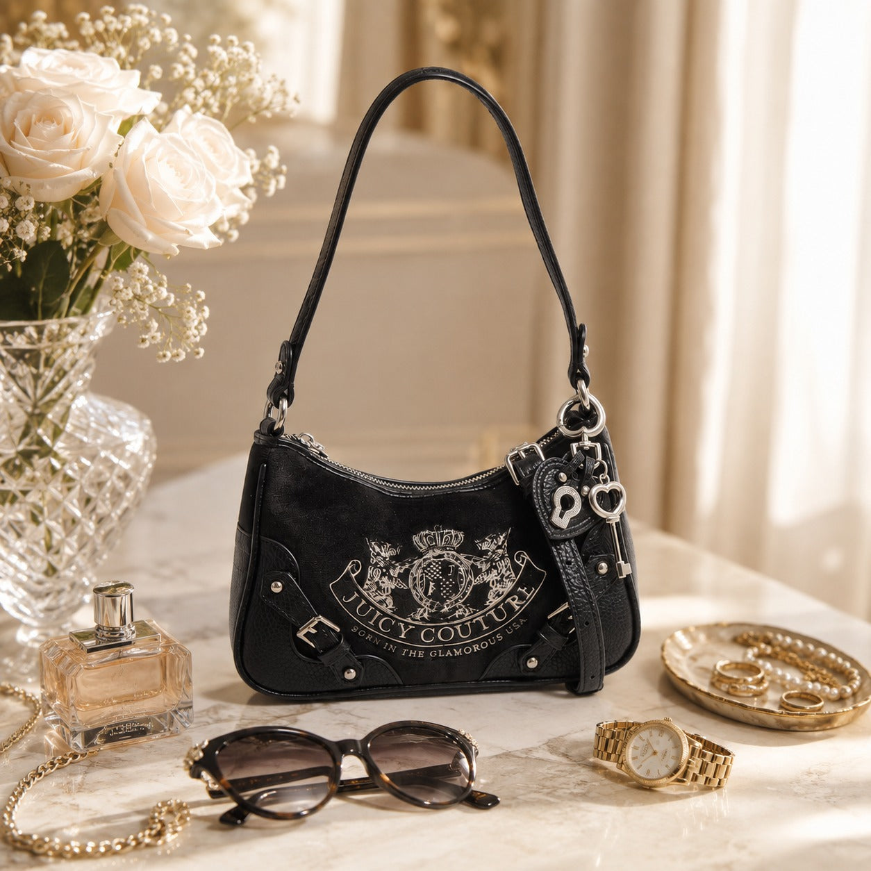 Juicy Couture Black Shoulder Bag, Crest Emblem, Silver Hardware, Aesthetic