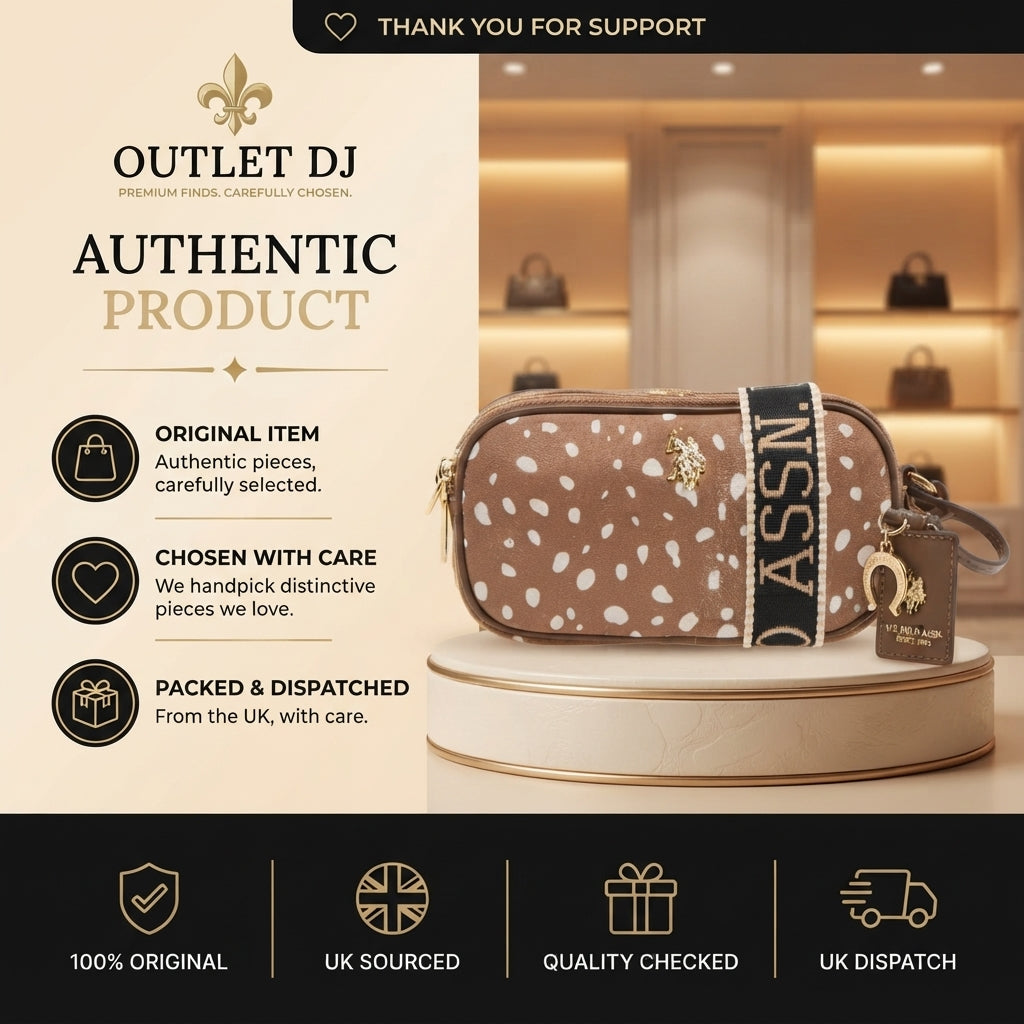 US Polo Assn Brown Polka Dot Crossbody, Suede Look, Gold Hardware, Everyday