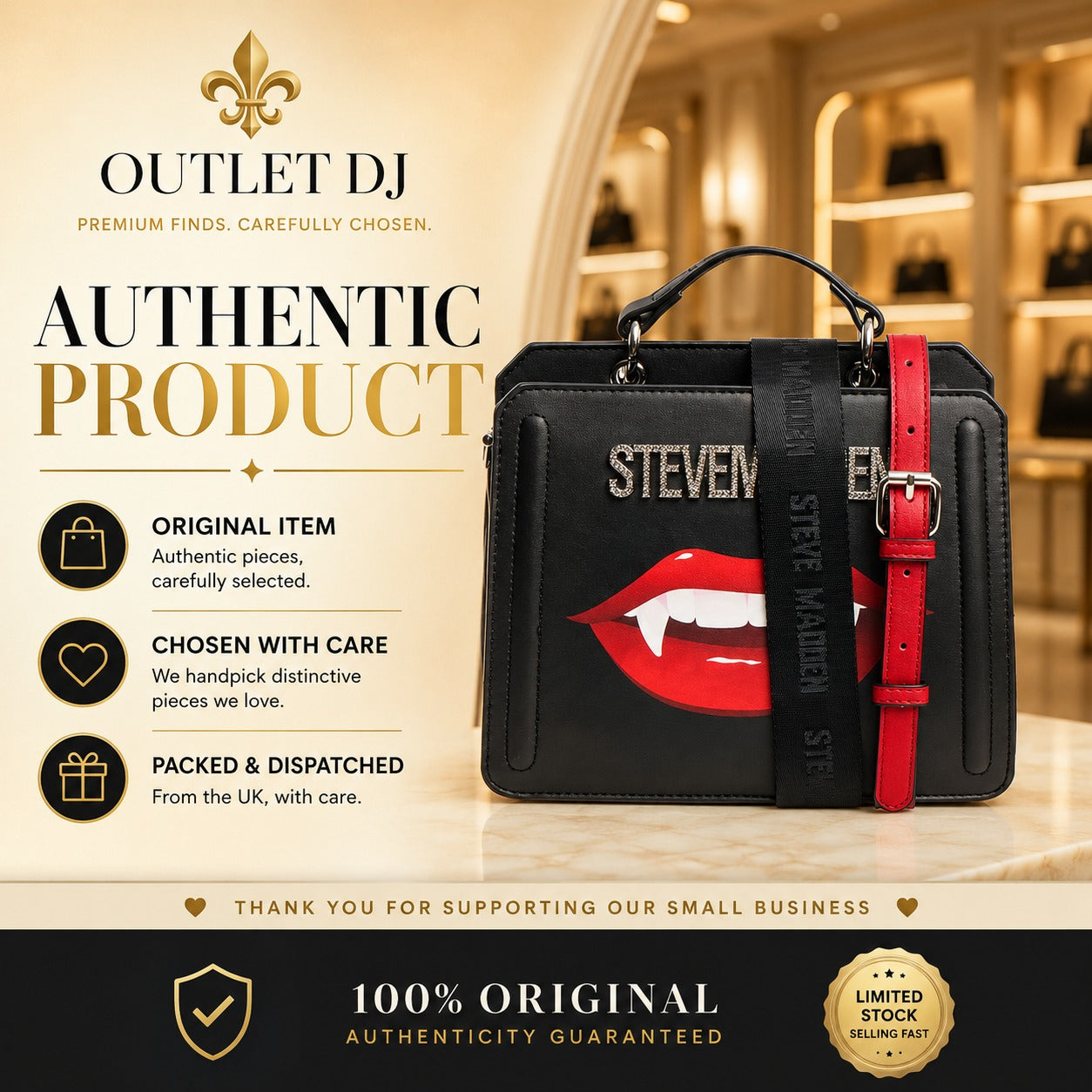 Steve Madden Black Lip Crossbody Bag, Vampire Lips, Sparkling Logo