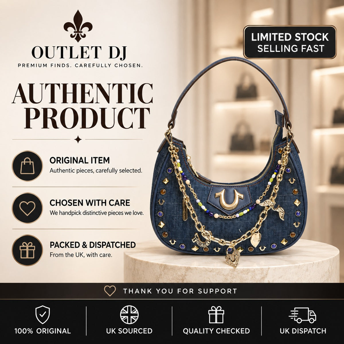 True Religion Blue Denim Shoulder Bag, Studded Hobo Purse, Gold Logo Aesthetic