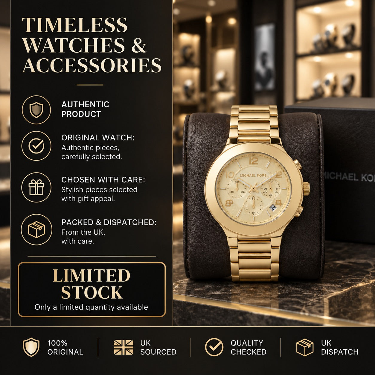 Michael Kors Gold Chronograph Watch, Luxury Womens Gift, Polished Link Bracelet