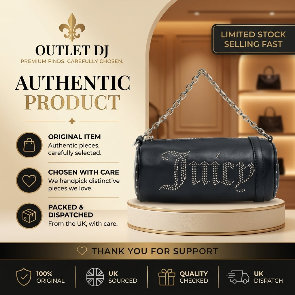 Juicy Couture Black Barrel Bag, Studded Logo, Chain Strap, Shoulder Handbag