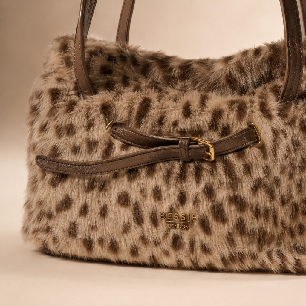 Bessie London Faux Fur Animal Print Shoulder Bag, Brown Leopard Aesthetic