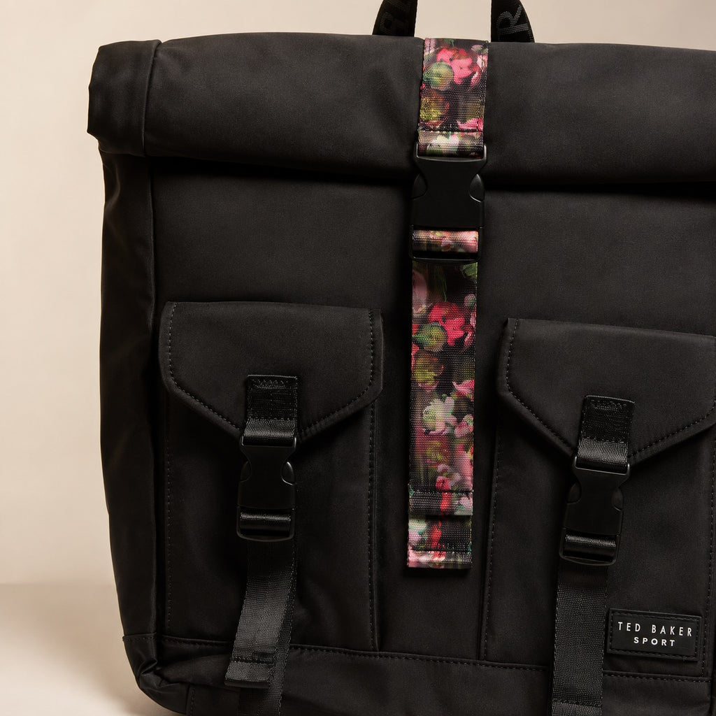 Ted Baker Sport Black Letica Backpack, Roll Top Floral Lining Bag