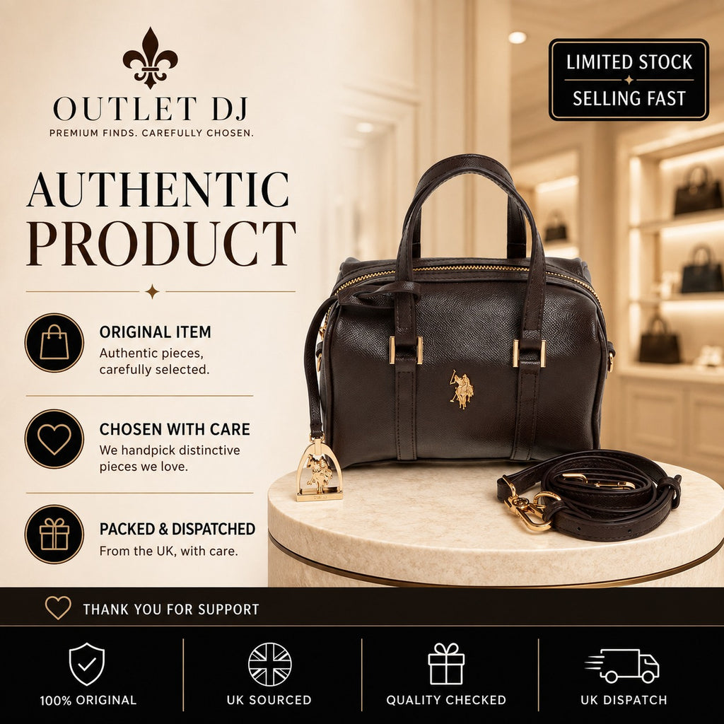 US Polo Assn Brown Jones Bowling Bag, Dark Equestrian Handbag, Gold Hardware