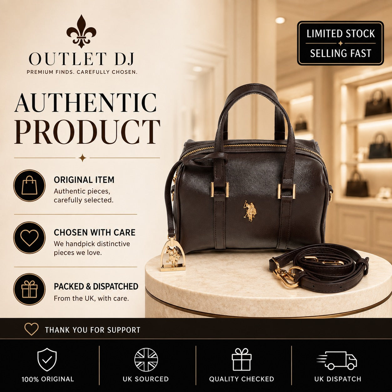 US Polo Assn Brown Jones Bowling Bag, Dark Equestrian Handbag, Gold Hardware