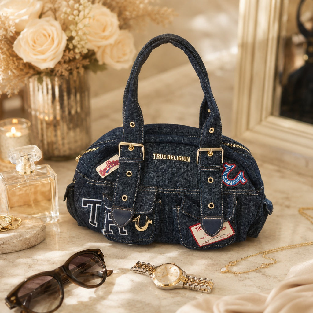 True Religion Blue Denim Shoulder Bag, Multi Patch Design, Everyday Denim Purse
