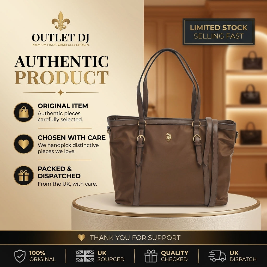 US Polo Assn Brown Tote Bag, Houston Shopping Handbag, Gold Hardware