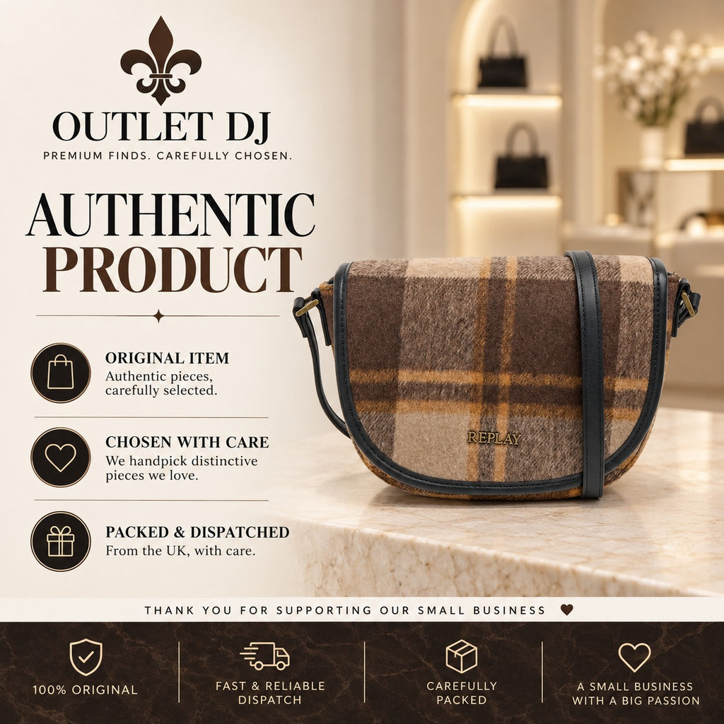 Replay Brown Plaid Crossbody Bag, Checked Saddle Bag, Fall Aesthetic