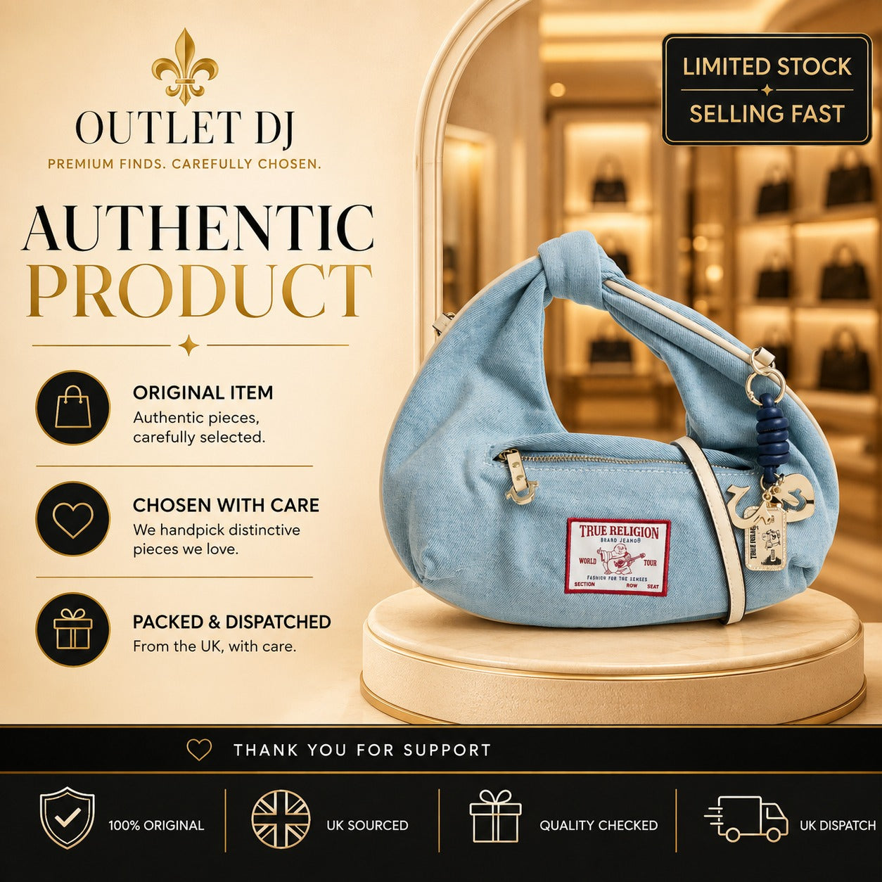 True Religion Light Blue Denim Hobo Bag, Knotted Handle, Aesthetic Handbag